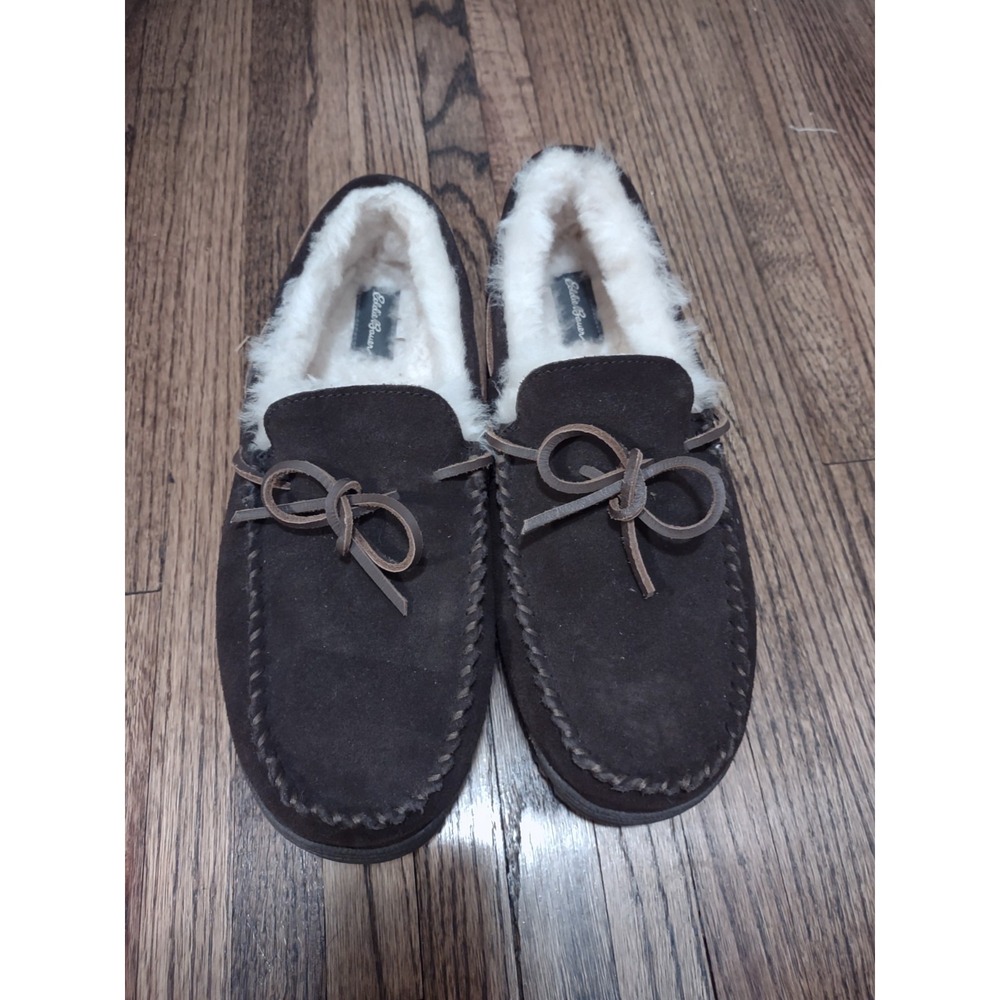 Eddie Bauer Mens Size 13 Brown Suede Moccasin Slippers Faux Shearling Lined